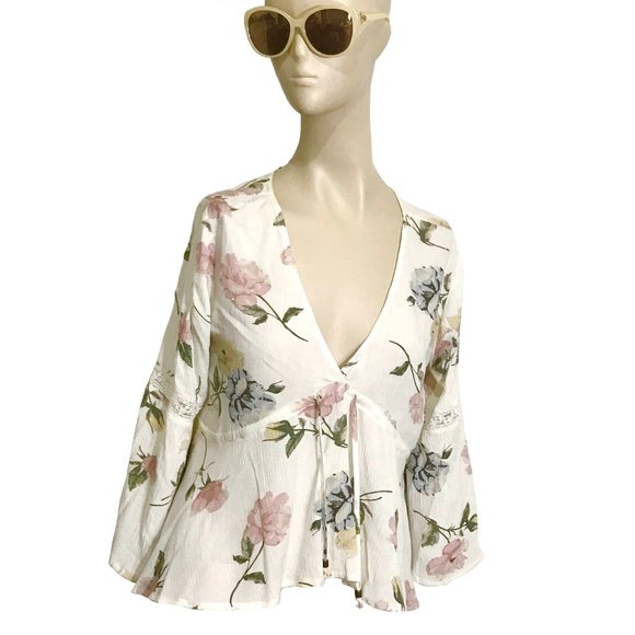 Crinkled Crepe Floral Printed Peasant Blouse - Picture 4 of 4